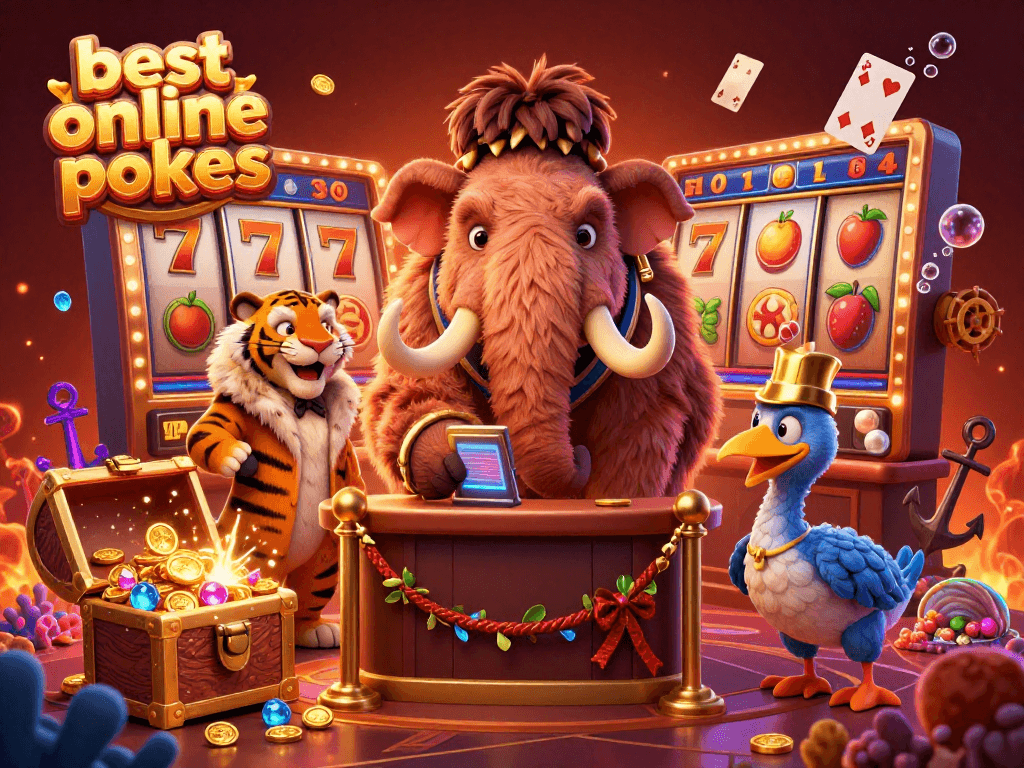 Experience the best online pokies with this vibrant casino illustration featuring a woolly mammoth bouncer and a saber-tooth tiger guest.