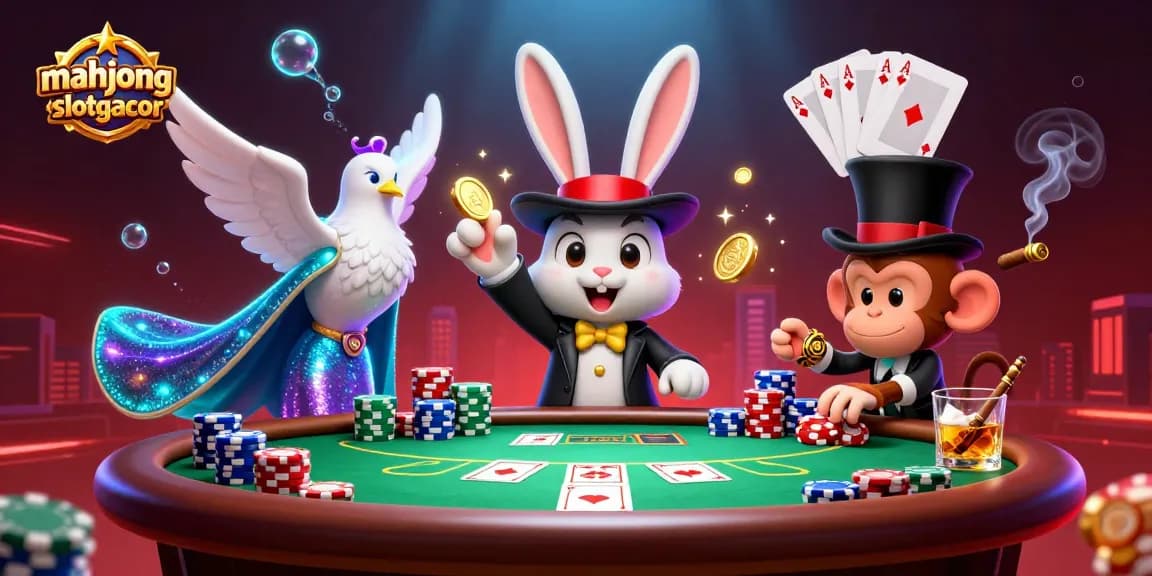 Experience mahjongslotgacor magic with a whimsical rabbit, dove, and monkey at a lively poker table.