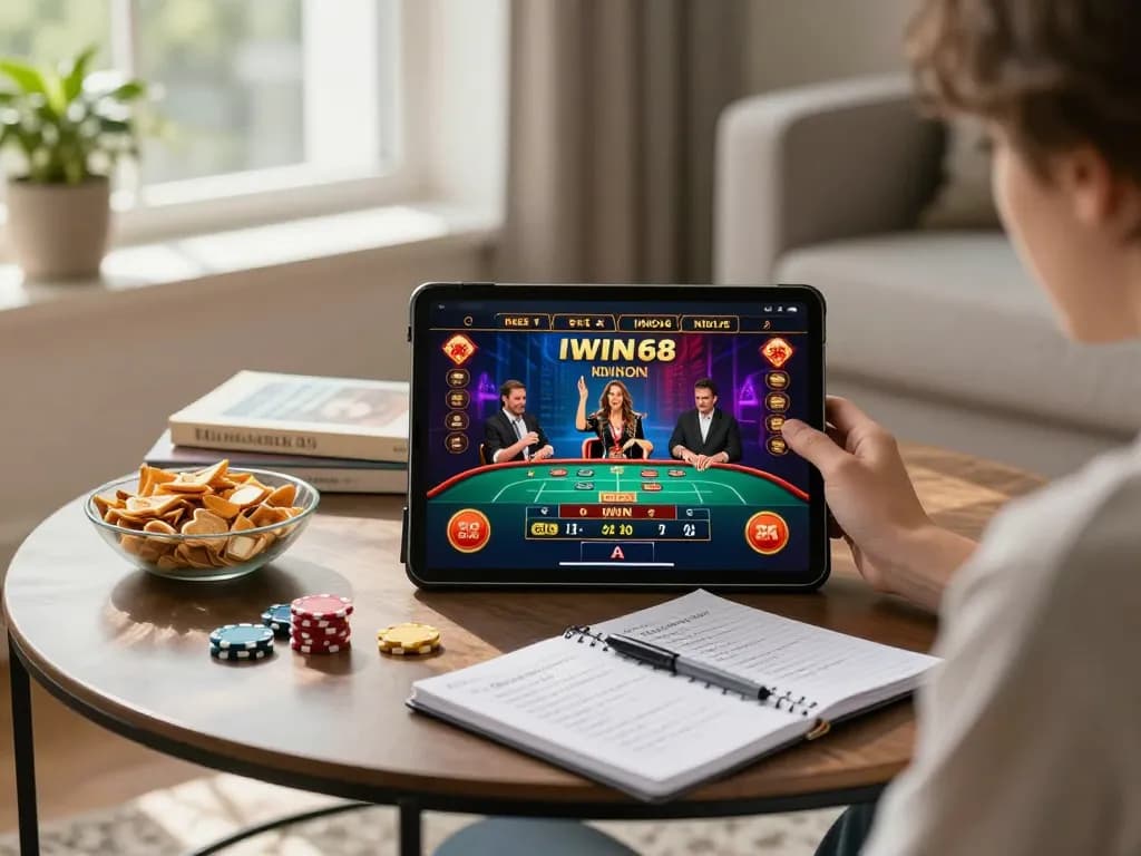 IWIN68 user engaging with live dealer game on tablet in a cozy home setting