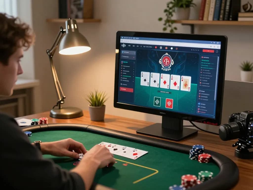 Iwin online poker gamer focused on strategic gameplay with virtual cards and chips in hand.