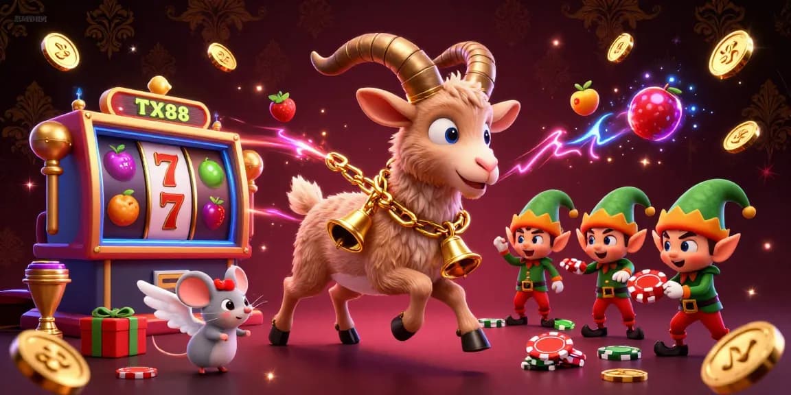 Engage with TX88’s thrilling casino adventure featuring Krampus and mischievous elves in a festive scene.