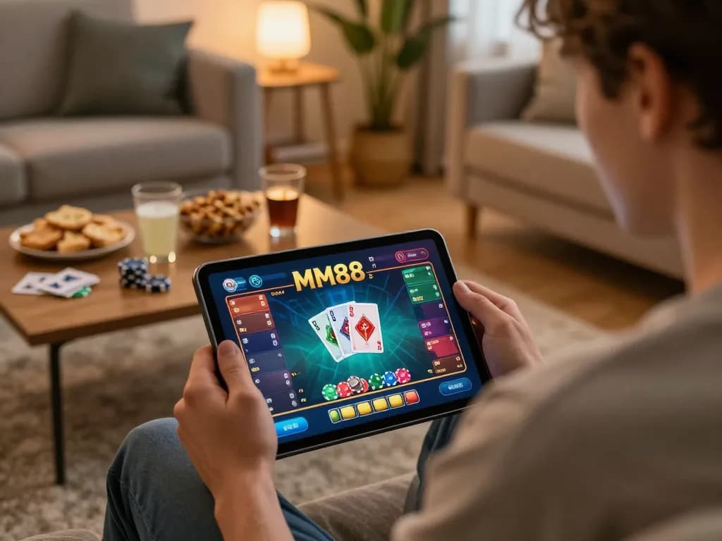 Player engaging with MM88 online casino app in a cozy home setting, highlighting strategic choices and comfortable environment.
