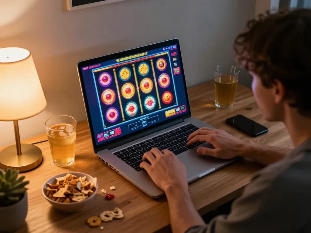 Player enjoying an exciting slot machine game on a laptop in a cozy home office setting