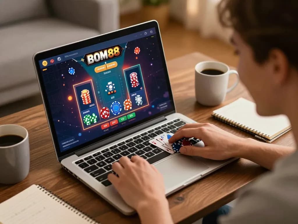 Pengguna BOM88 menikmati permainan kasino online dari rumah, menampilkan permainan yang fokus dengan kartu dan chip.