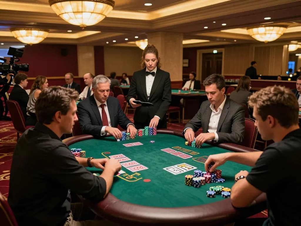Players strategizing at mb88slot games in an upscale casino, engaging with professional dealers.
