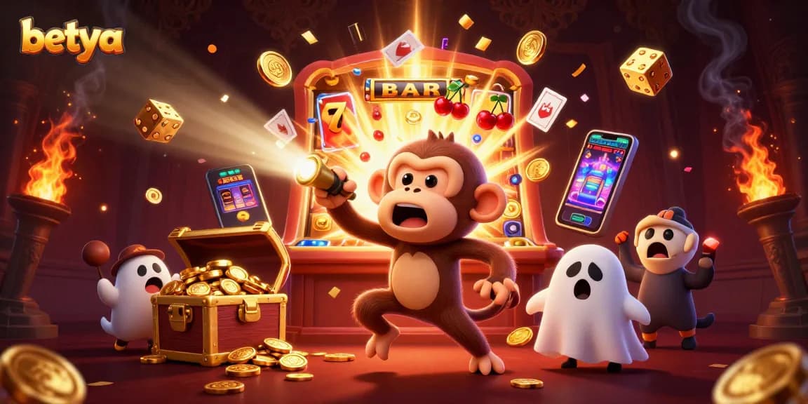 Engage with betya's lively 3D illustration of a playful ghost-hunter puppy and a juggling monkey in a casino scene.