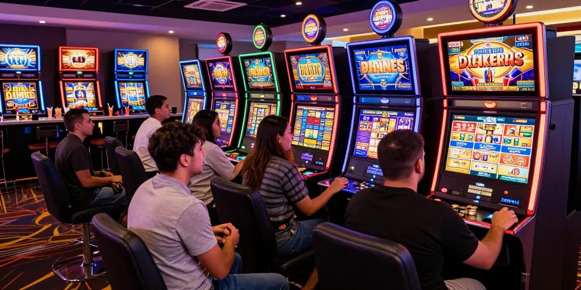 Slot gacor hari ini di mesin permainan, pemain bersemangat dan suasana kasino yang meriah.