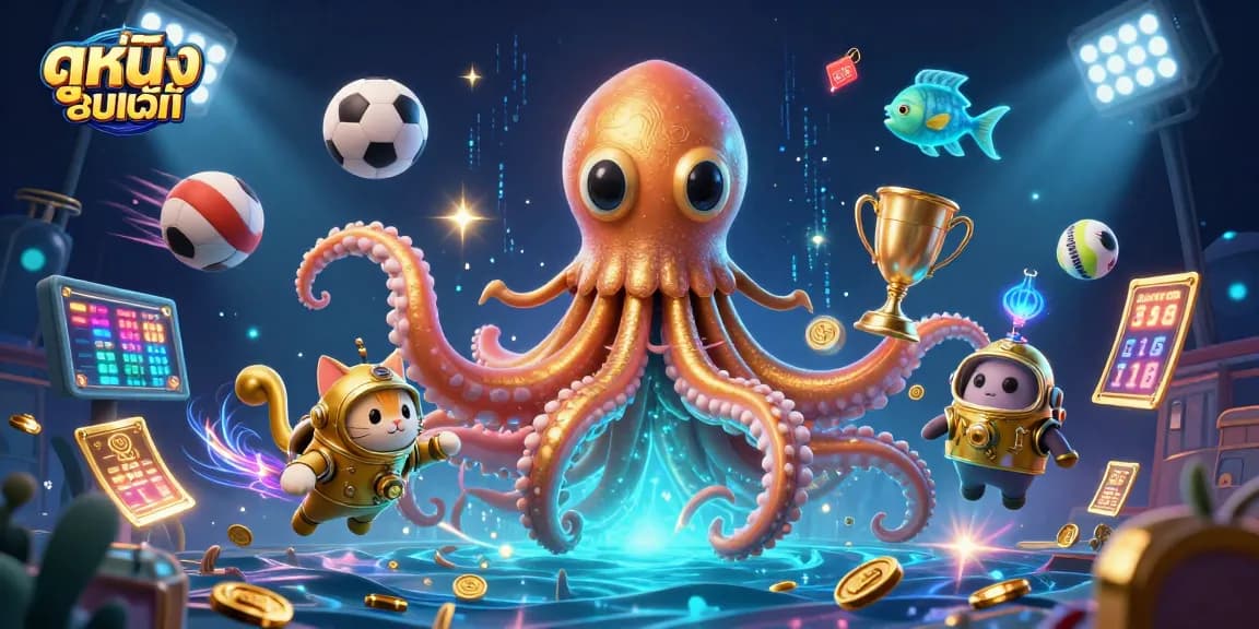 Experience ดูหนังออนไลน์ with vibrant 3D kraken, diving cat, and sports elements creating a thrilling casino scene.