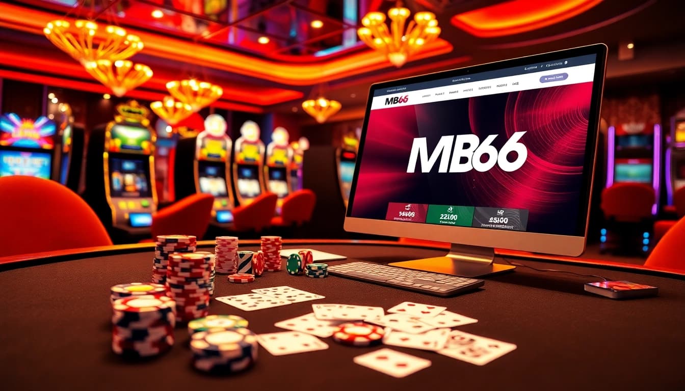Experience high-stakes gaming action at https://mb66-t.com/ with poker chips and dice on a luxurious table.