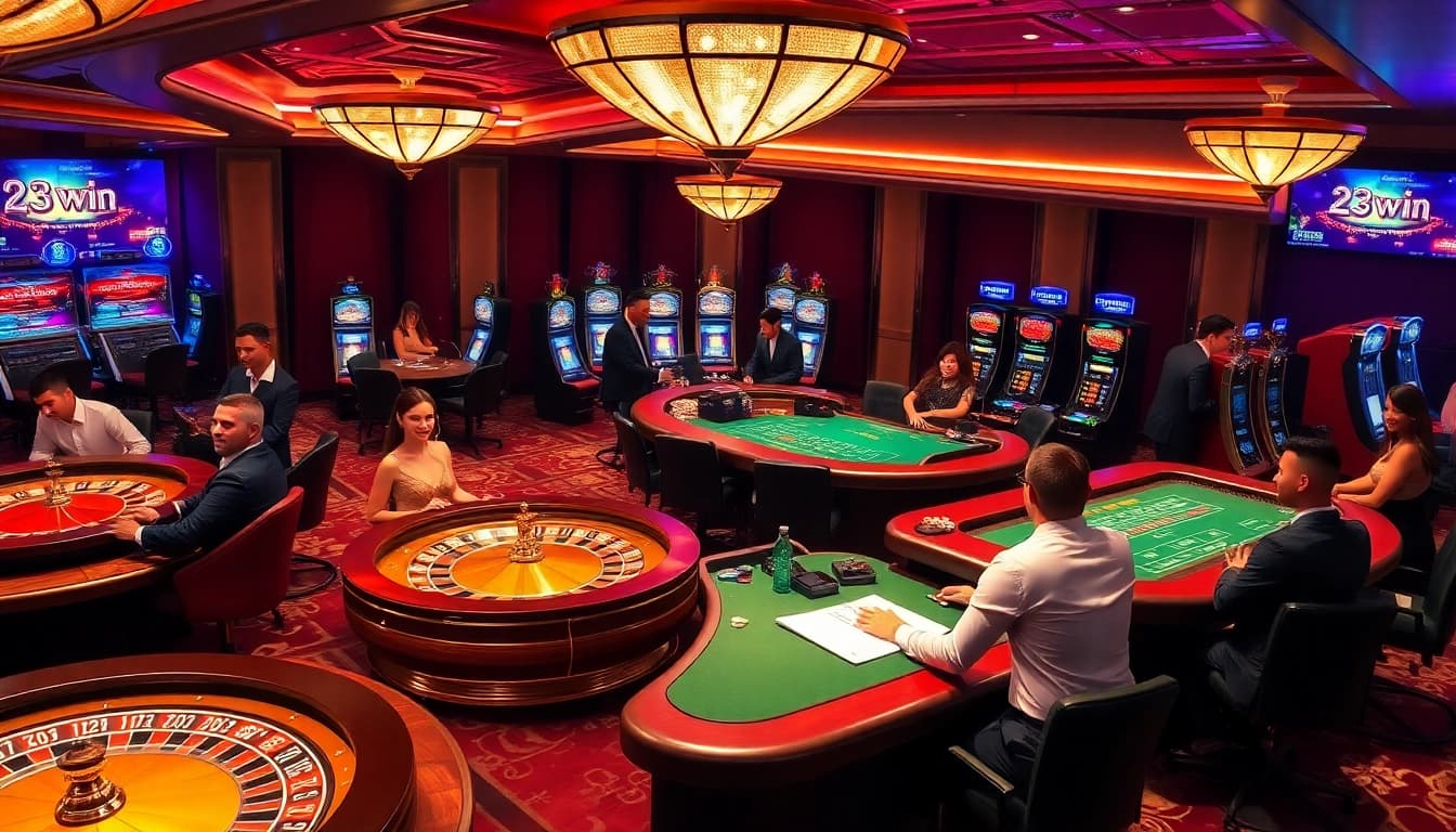 Players enjoying a thrilling game at 23win casino with vibrant tables and excitement.
