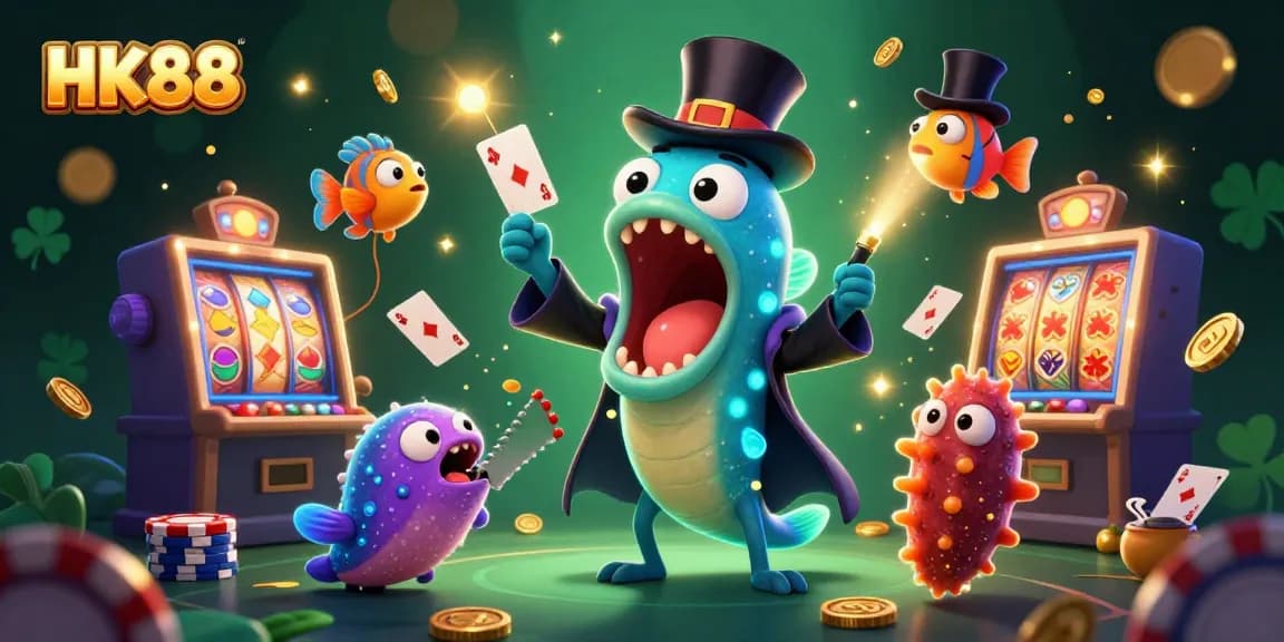 Join the HK88 excitement with a magician eel performing tricks amidst vibrant casino games and lucky symbols.