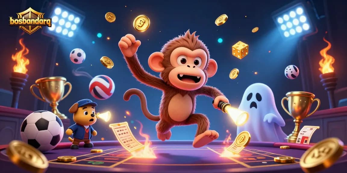 Engage with bosbandarq's thrilling environment as a playful ghost-hunter puppy tracks a poltergeist monkey juggling casino treasures.