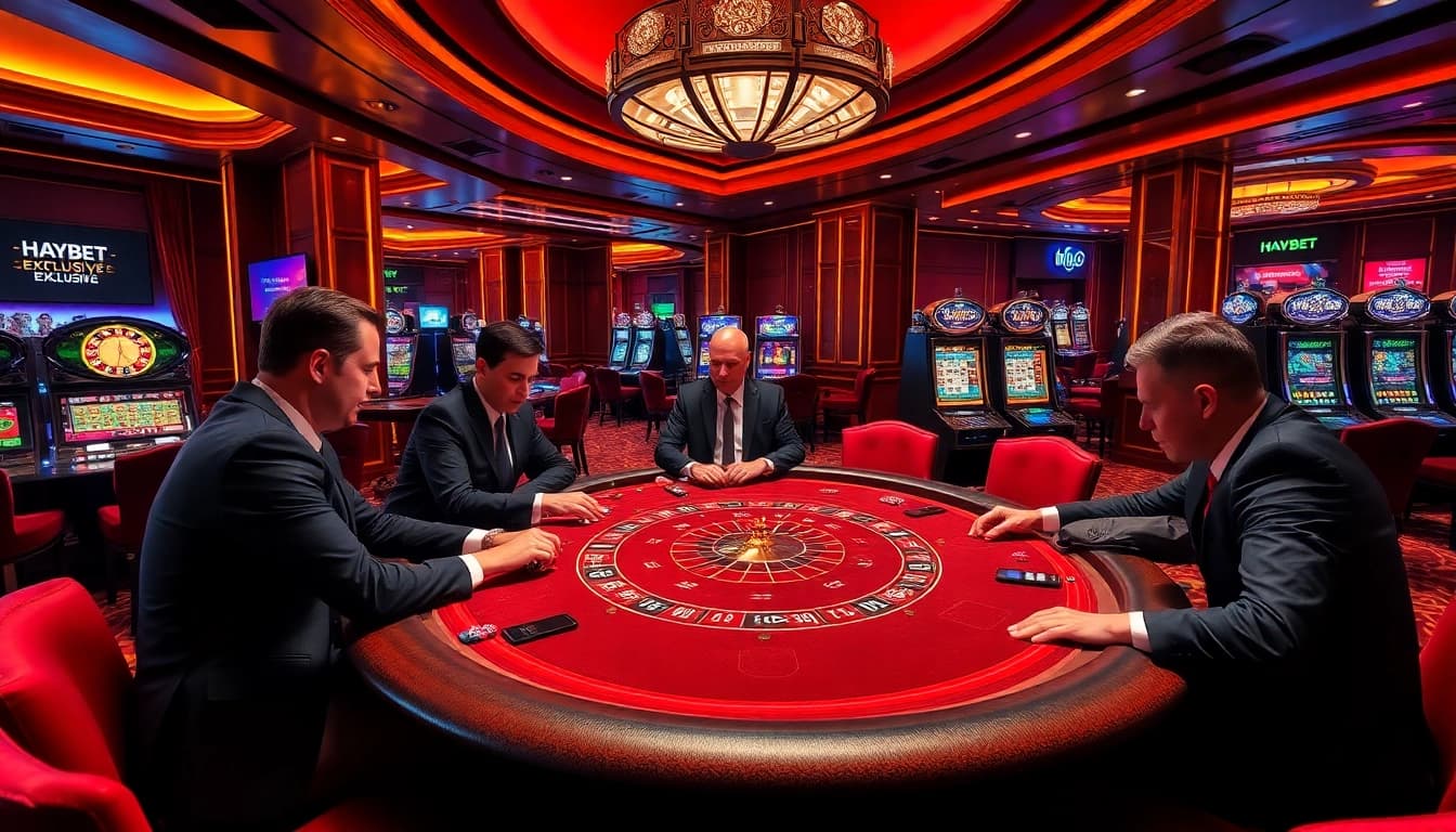 Winning at HAYBET with a luxurious casino atmosphere featuring poker and roulette games.