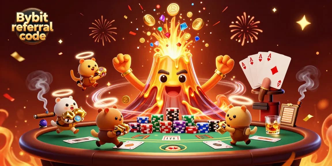 Unlock bonuses with Bybit referral code amidst vibrant casino scene and erupting volcano.