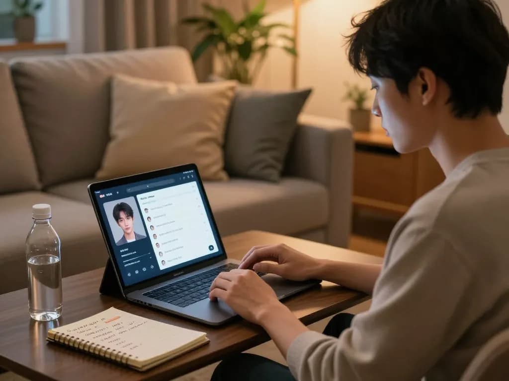 Engaging in ai sex chat with a customizable AI companion on a laptop in a cozy living space.