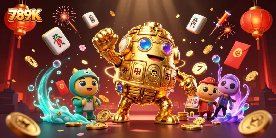 Experience thrilling gameplay at 789K with dynamic slot symbols and golden golem illustration.