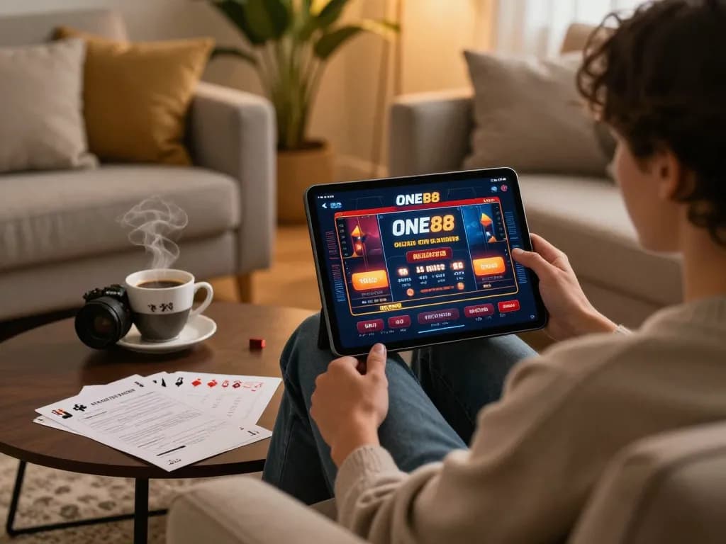 Engaging with ONE88 on a tablet, showcasing responsible online gambling at home in a cozy setting.