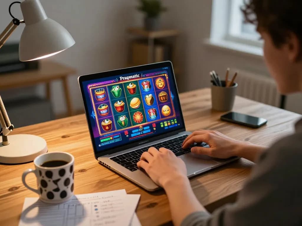 Engaging with a Pragmatic Slot online game at home, showcasing strategic play and comfort.