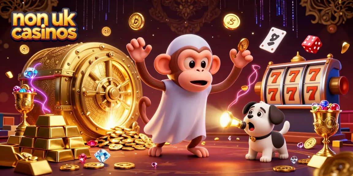 Experience dynamic gameplay with non uk casinos as a poltergeist monkey juggles golden treasures in a vibrant casino setting.