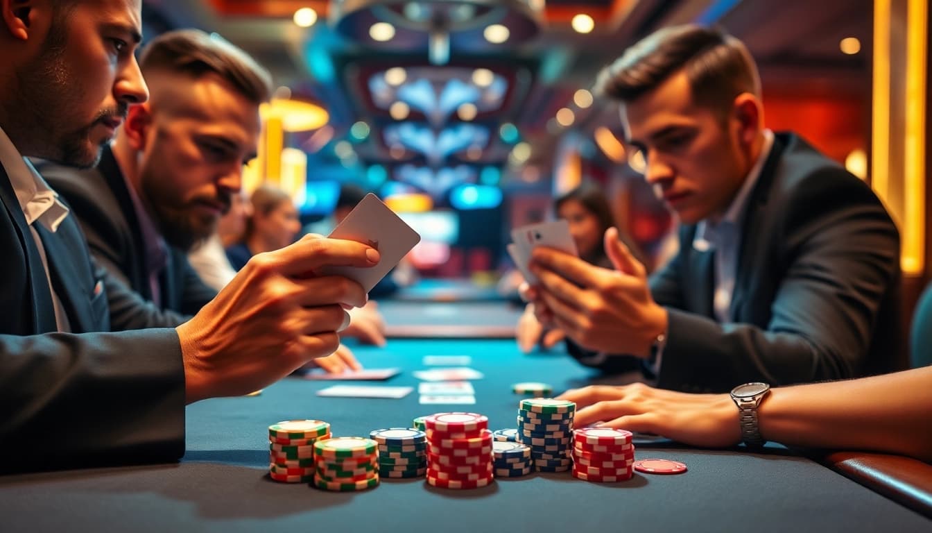 Experience excitement during a Poker Game at a casino table with intense players and colorful chips.