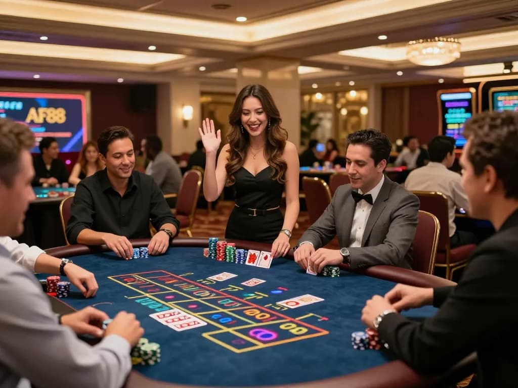 A vibrant AF88 casino scene featuring players around a live dealer table with a beautiful dealer, showcasing the excitement of gambling in 2026.