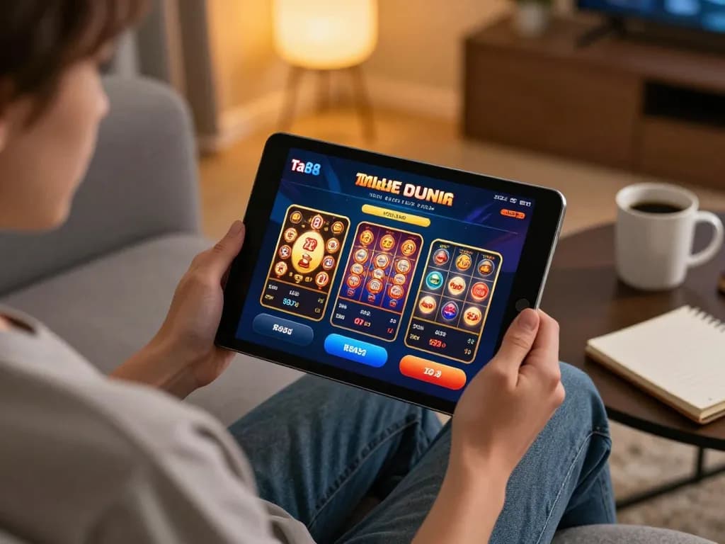 Engaging scene of an individual immersed in ta88 online gaming, showcasing a cozy atmosphere and strategic betting.