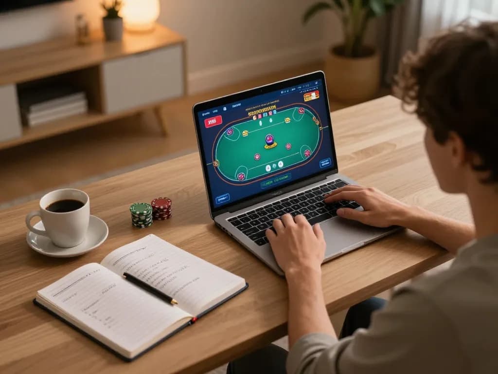 Engaging online player using Hi88 for poker gameplay at a cozy home desk.