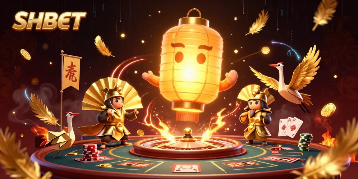 Bet on SHBET with a vibrant 3D casino illustration highlighting golden lantern spirit and interactive game elements.