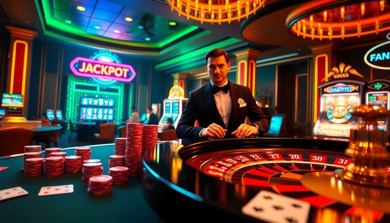 Exciting casino scene featuring roulette and poker at fnew88.com, capturing the vibrant gambling atmosphere.
