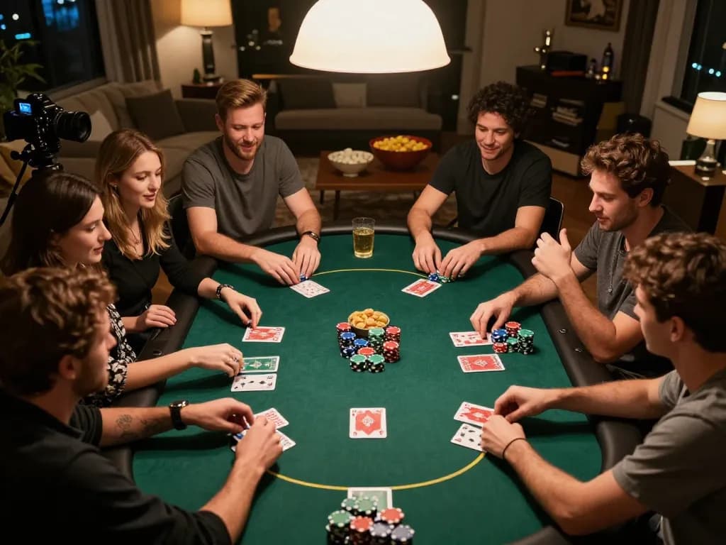 Sahabat menikmati permainan poker di rumah sambil menggunakan uxplora untuk strategi dan tips permainan.