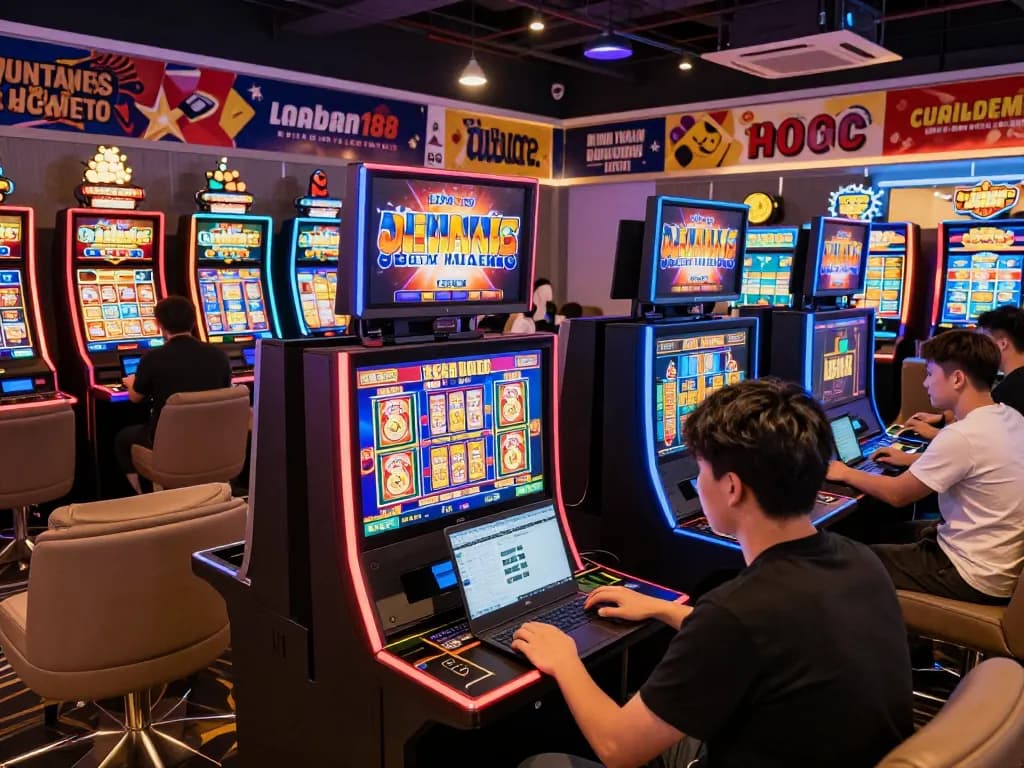Pemain menikmati slot online laoban188 di suasana lounge permainan yang cerah