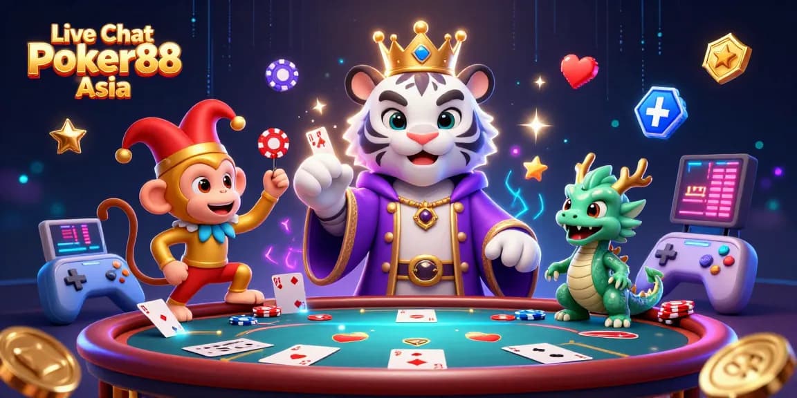 Experience Live Chat Poker88 Asia in this vibrant casino-themed illustration with engaging characters.
