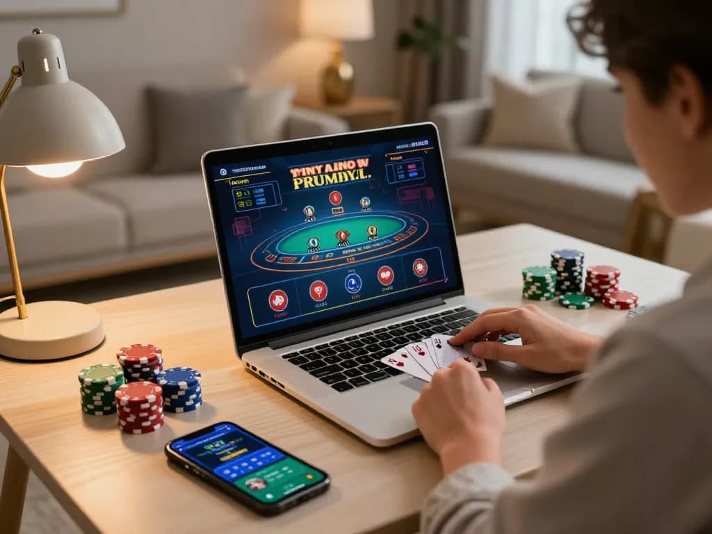 Engaged player navigating MM88 blackjack game on sleek laptop, showcasing strategic gaming experience.