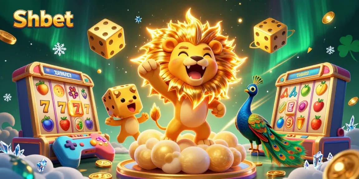 Engage with shbet's vibrant slot games, featuring colorful elements, dice, and a roaring lion.