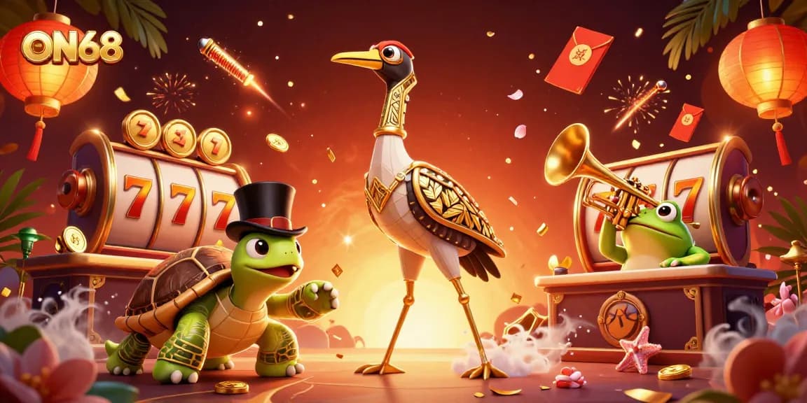 Experience the excitement of ON68 with vibrant slot games and festive elements in a lively casino scene.