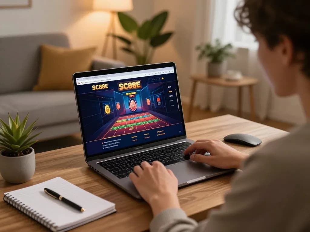 Player utilizing SC88E for online gambling, focused on laptop strategy, cozy living room setup.