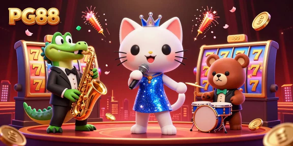 Experience the thrill of PG88 in a vibrant casino scene with a singing cat, a saxophonist crocodile, and a drum-playing bear cub.