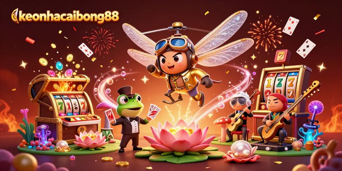 Experience excitement with keonhacaibong88 in a vibrant casino scene filled with slot machines and lively characters.