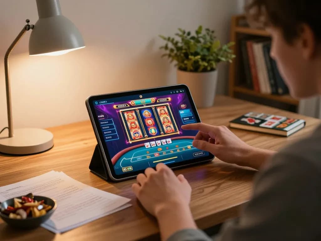 Player engaging in online gaming on alo8 with tablet, showcasing vibrant casino game interface and strategic notes.