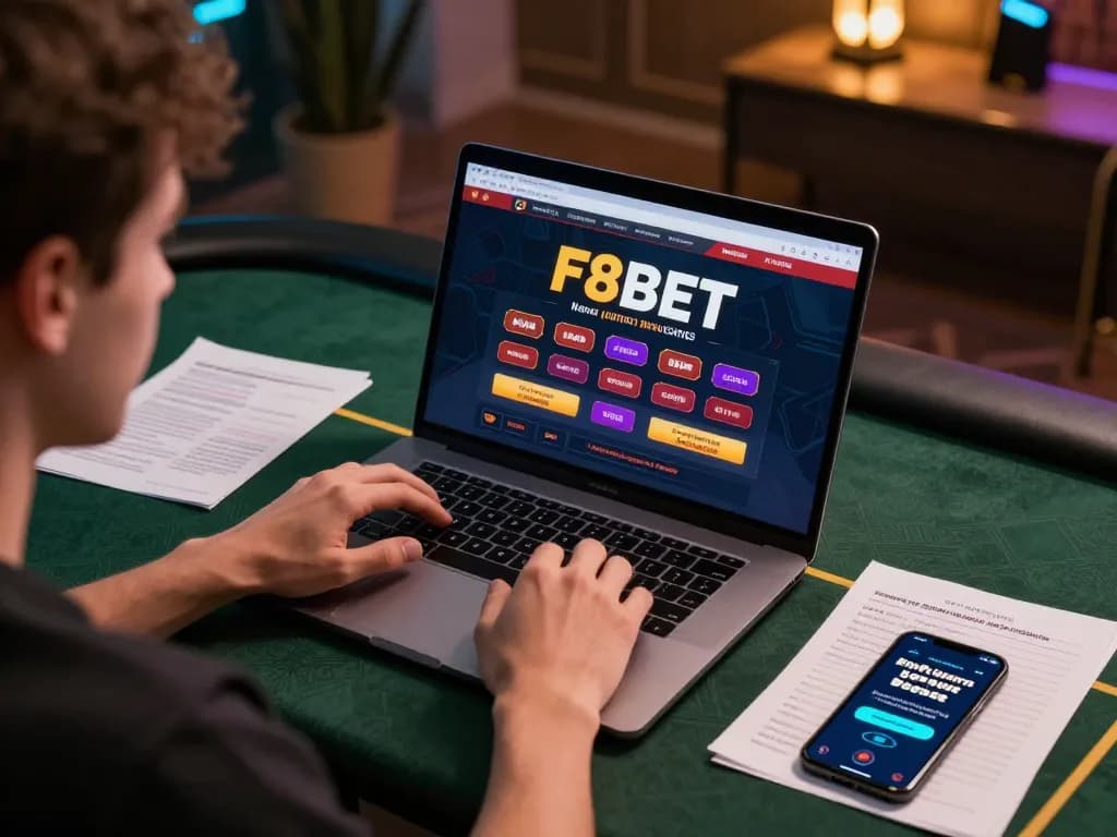 Player engaging with the F8BET interface on a laptop, embodying strategic online gambling moments.