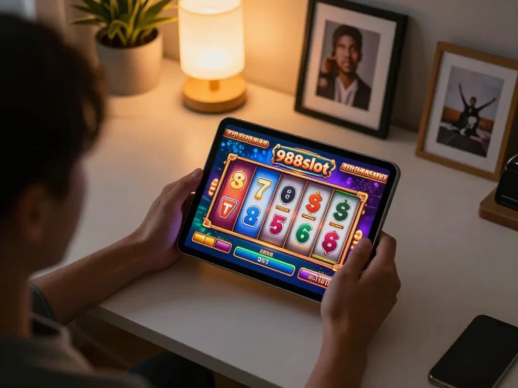 Experience the excitement of 988slot gaming on a tablet in a cozy home environment