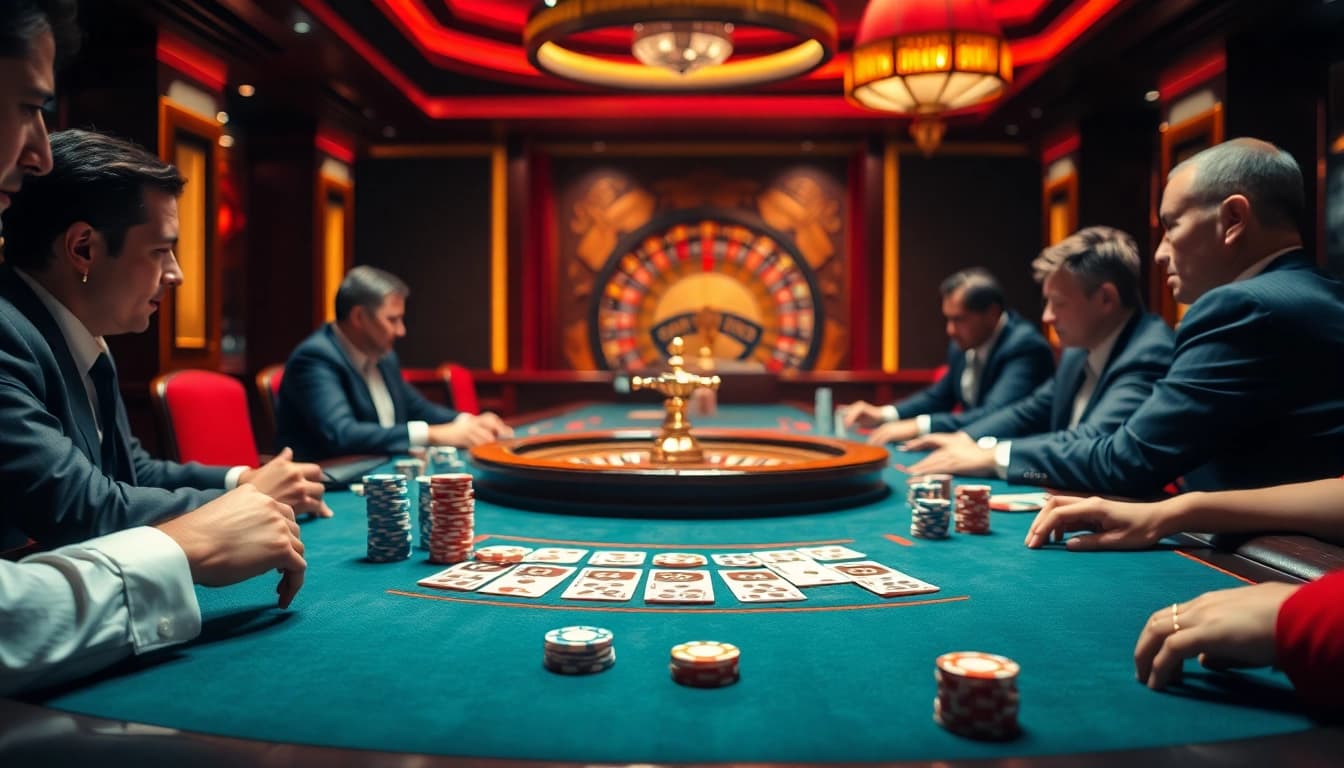 SODO CASINO players strategizing over a poker table, showcasing intensity and excitement in the game.