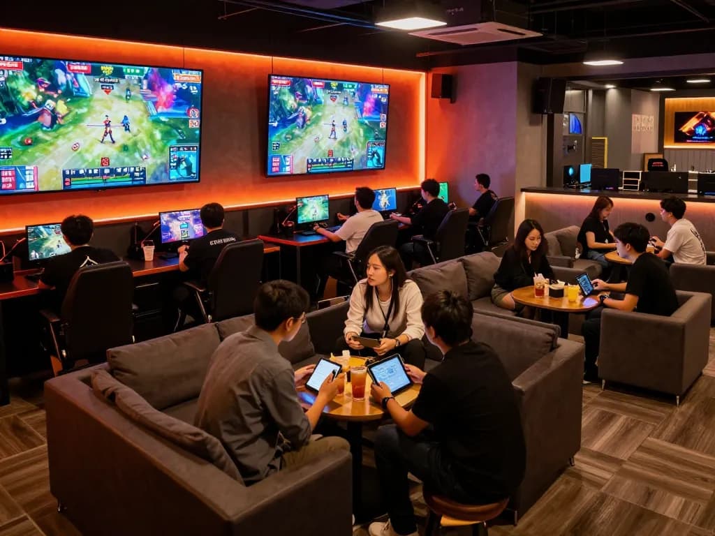 Gamers engaged in strategic bets at the tr88 club esports lounge, vibrant screens displaying matches, lively atmosphere