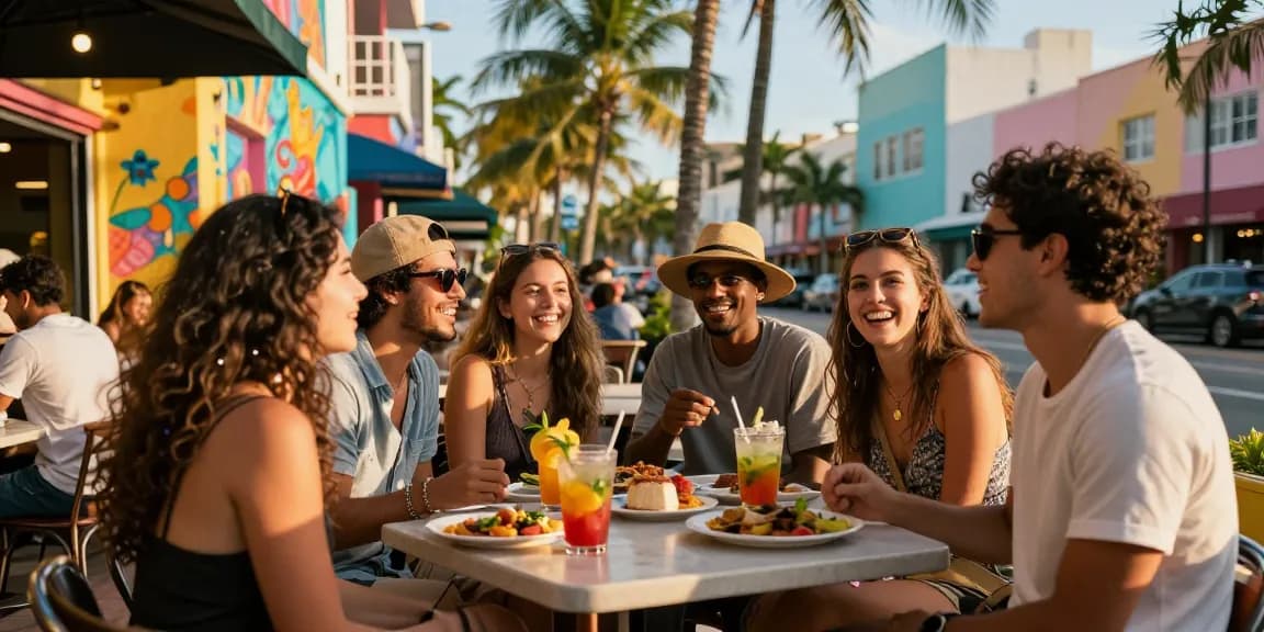 Tempat berkumpul teman-teman di https://miami4d.com/ dengan minuman tropis dan mural warna-warni di latar belakang.