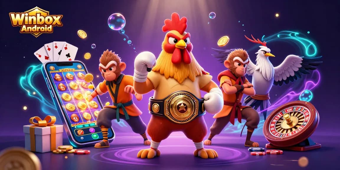 Winbox Android app download scene with vibrant casino characters and game elements for mobile users.