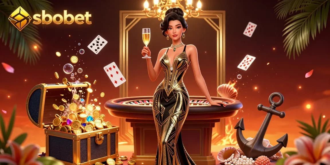 Sweeping view of sbobet-themed elegant woman at a casino with classic decor and vibrant, rich details.