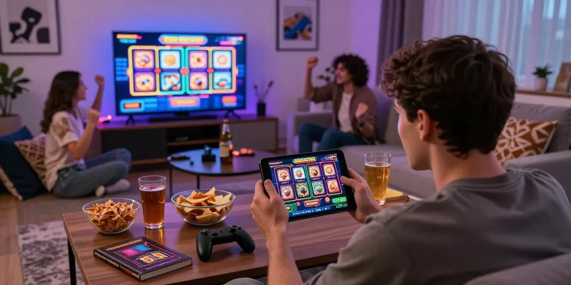 Exciting hargatoto online gambling scene with friends enjoying casino games on a smartphone, vibrant atmosphere.