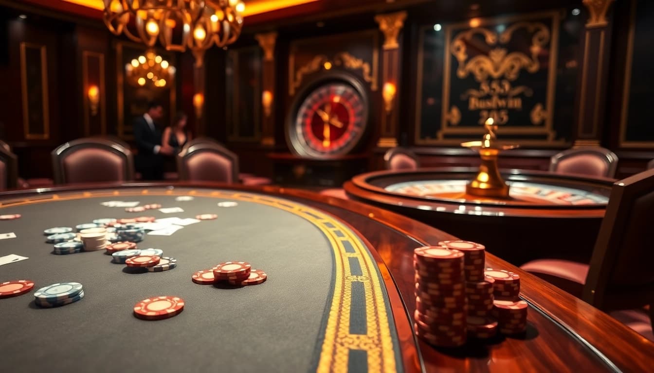 Experience the thrill of gambling at 555win with poker chips and luxury casino decor.