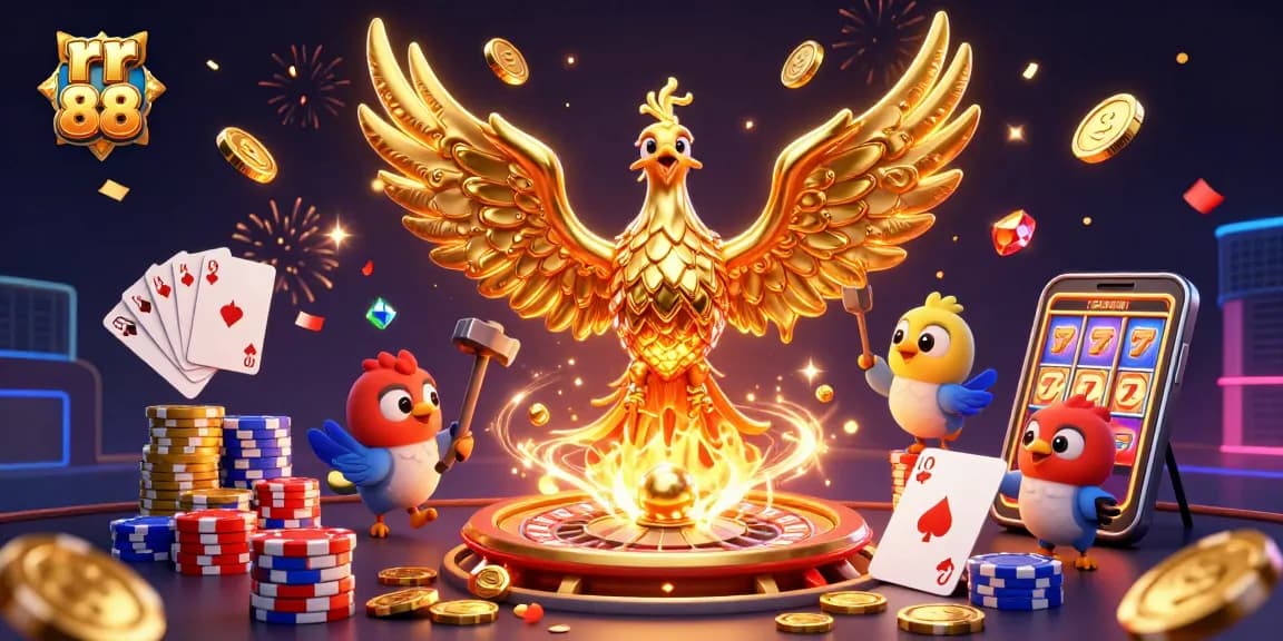 Experience thrilling action with rr 88 as golden coins and cards fly in a vibrant casino scene.