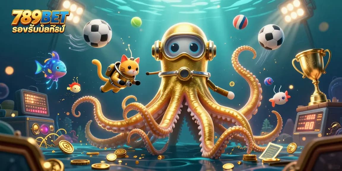 ภาพการ์ตูน 3D ที่มีสิ่งมีชีวิตมหึมาจากทะเลและธีมกีฬาแสดงถึง 789BET รองรับมือถือ